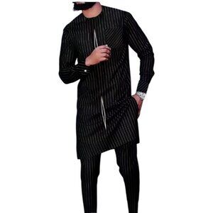 African Formal Dashiki black & white striped Pant Suit Traditional Dress Outfit